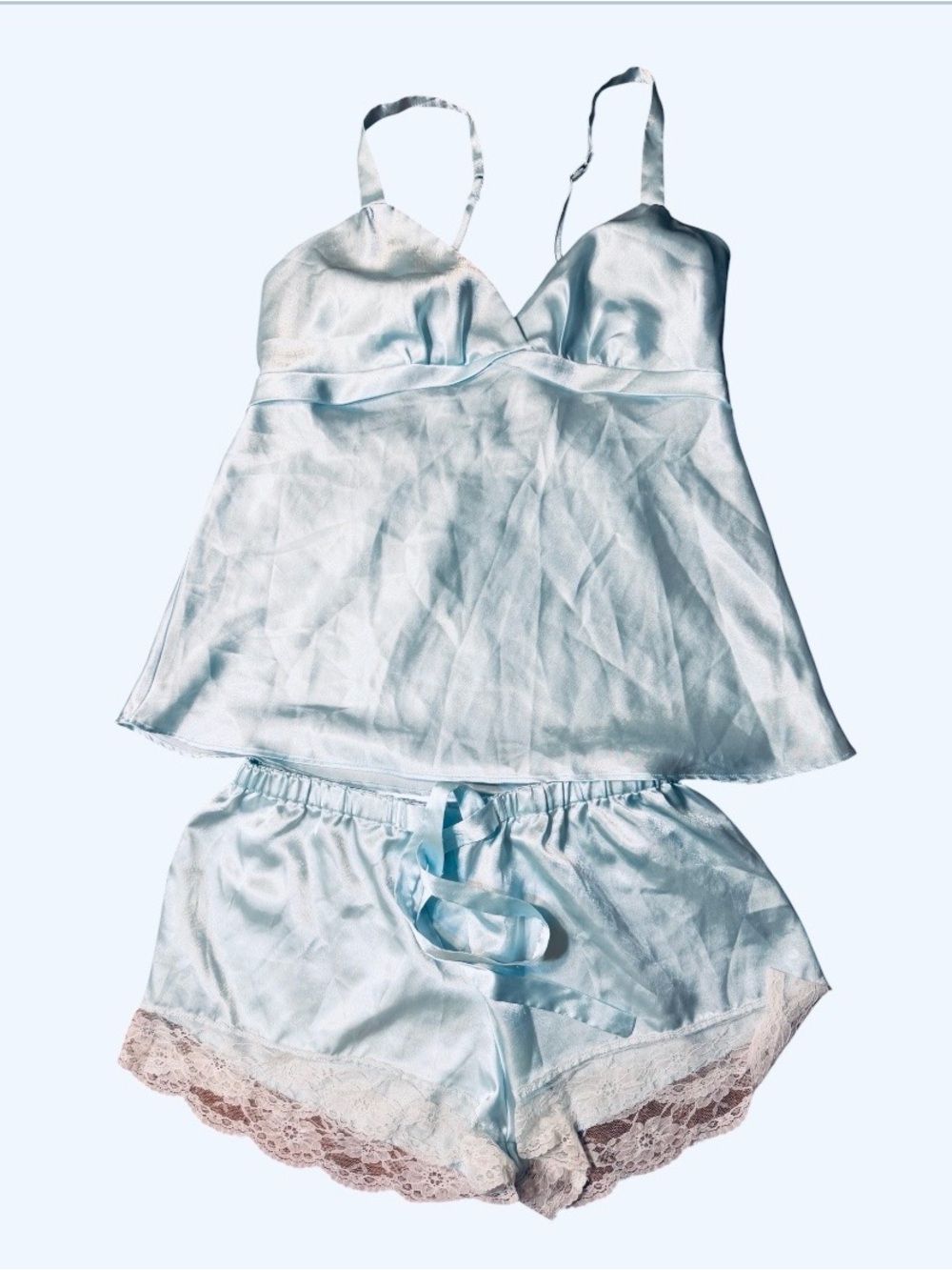 Flora Nikrooz Silky Light Blue Lace-Trim Cami & Short Sleep Set size medium
